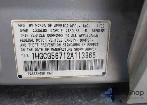 2002 Honda Accord 2.3 Se z USA, uszkodzony, nr VIN 1HGCG56712A113965